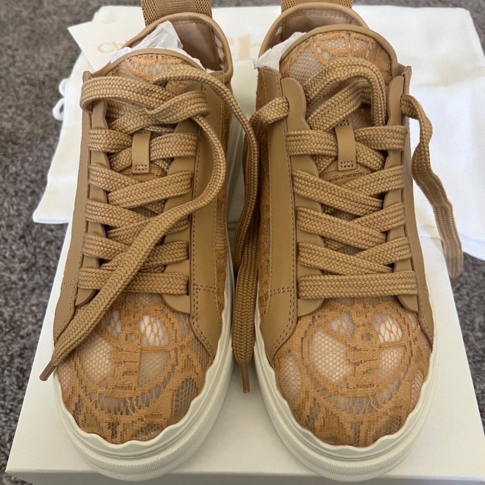 Chloe Lauren Lace Low-Top Sneakers Biscotti (bright tan) - Size 37, BNIB